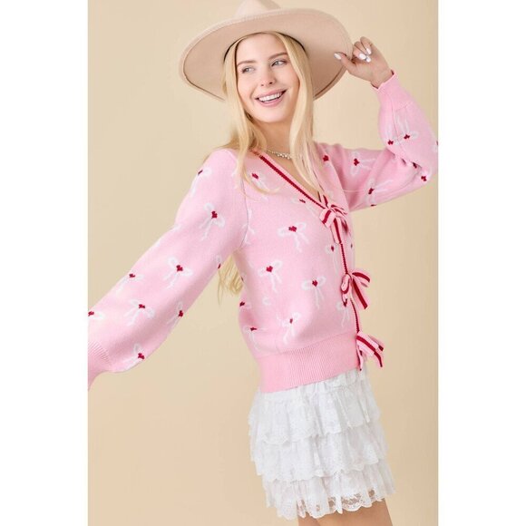 Sweater Knit Cardigan With Ribbon Bow Detail - Picture 5 of 8